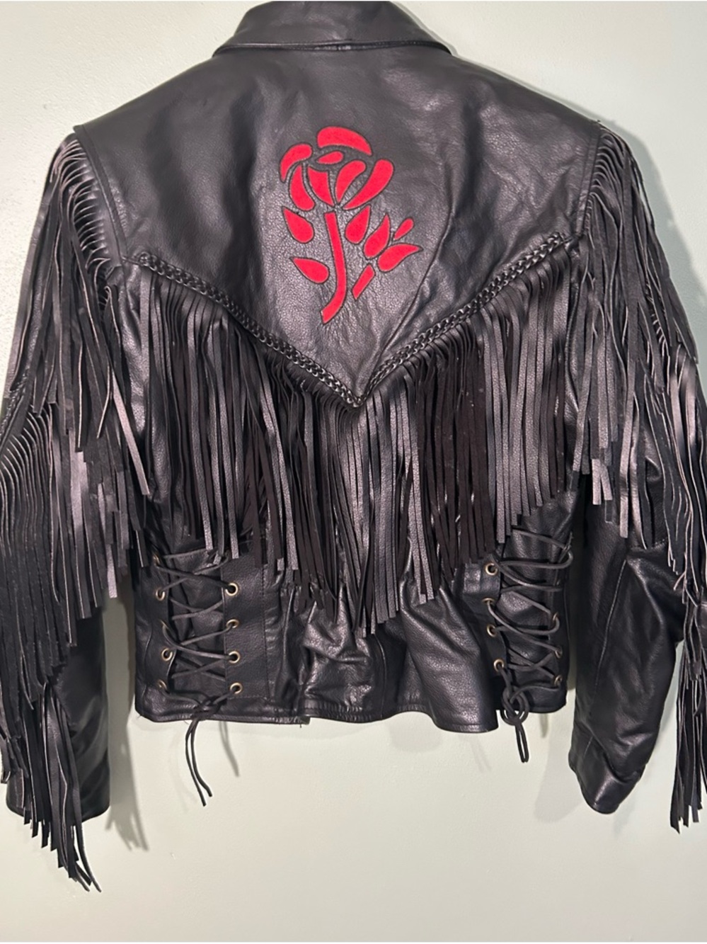 Vintage Black Leather Fringed Jacket With Red Roses Women’s Size Medium - Picture 4 of 11